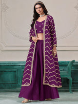 Wonderful Purple Dori Work Chinon Function Wear Palazzo Suit With Shrug