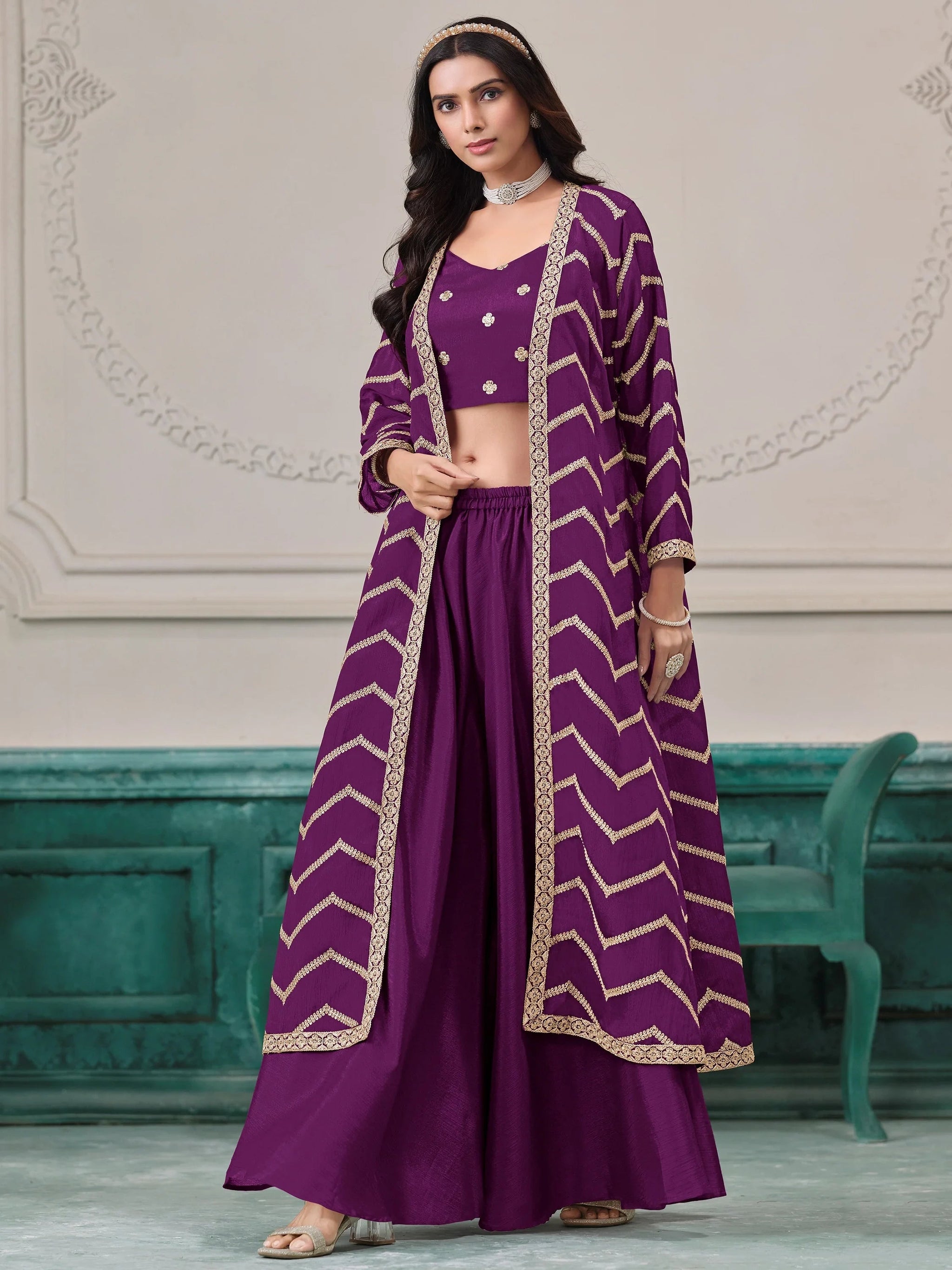 Wonderful Purple Dori Work Chinon Function Wear Palazzo Suit With Shrug