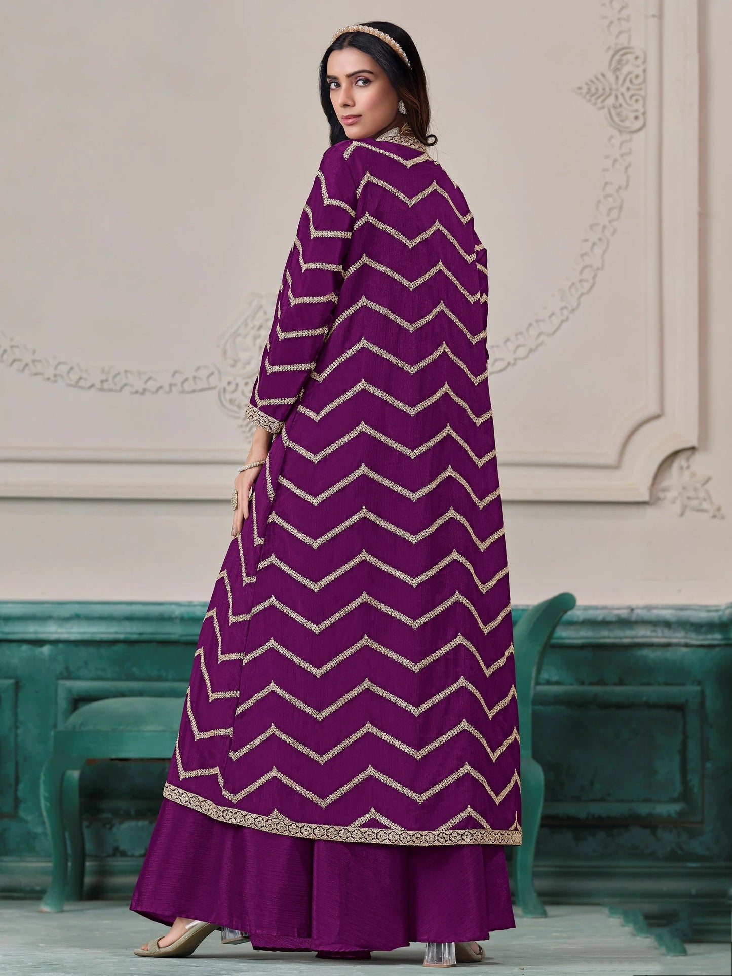 Wonderful Purple Dori Work Chinon Function Wear Palazzo Suit With Shrug