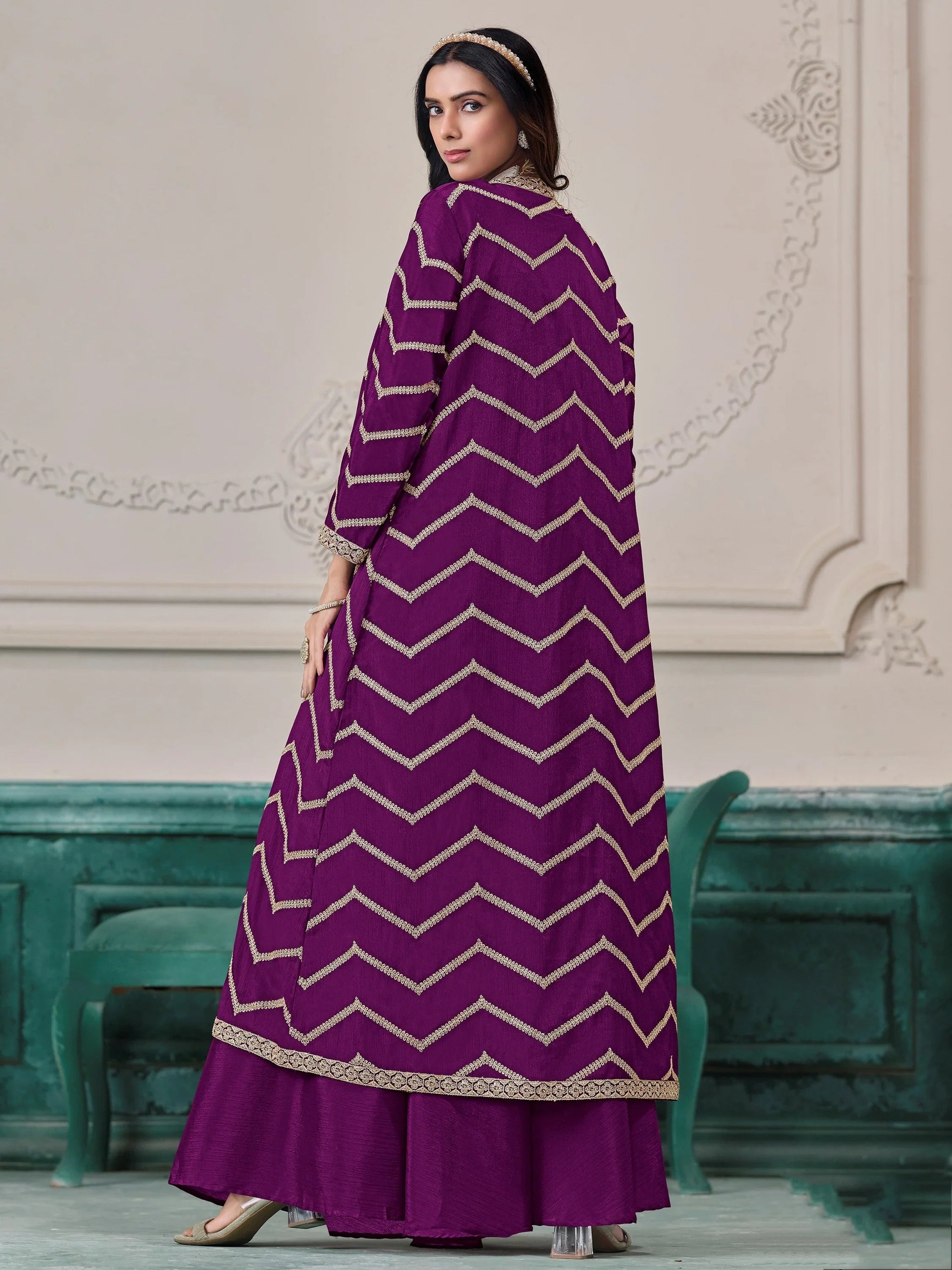 Wonderful Purple Dori Work Chinon Function Wear Palazzo Suit With Shrug