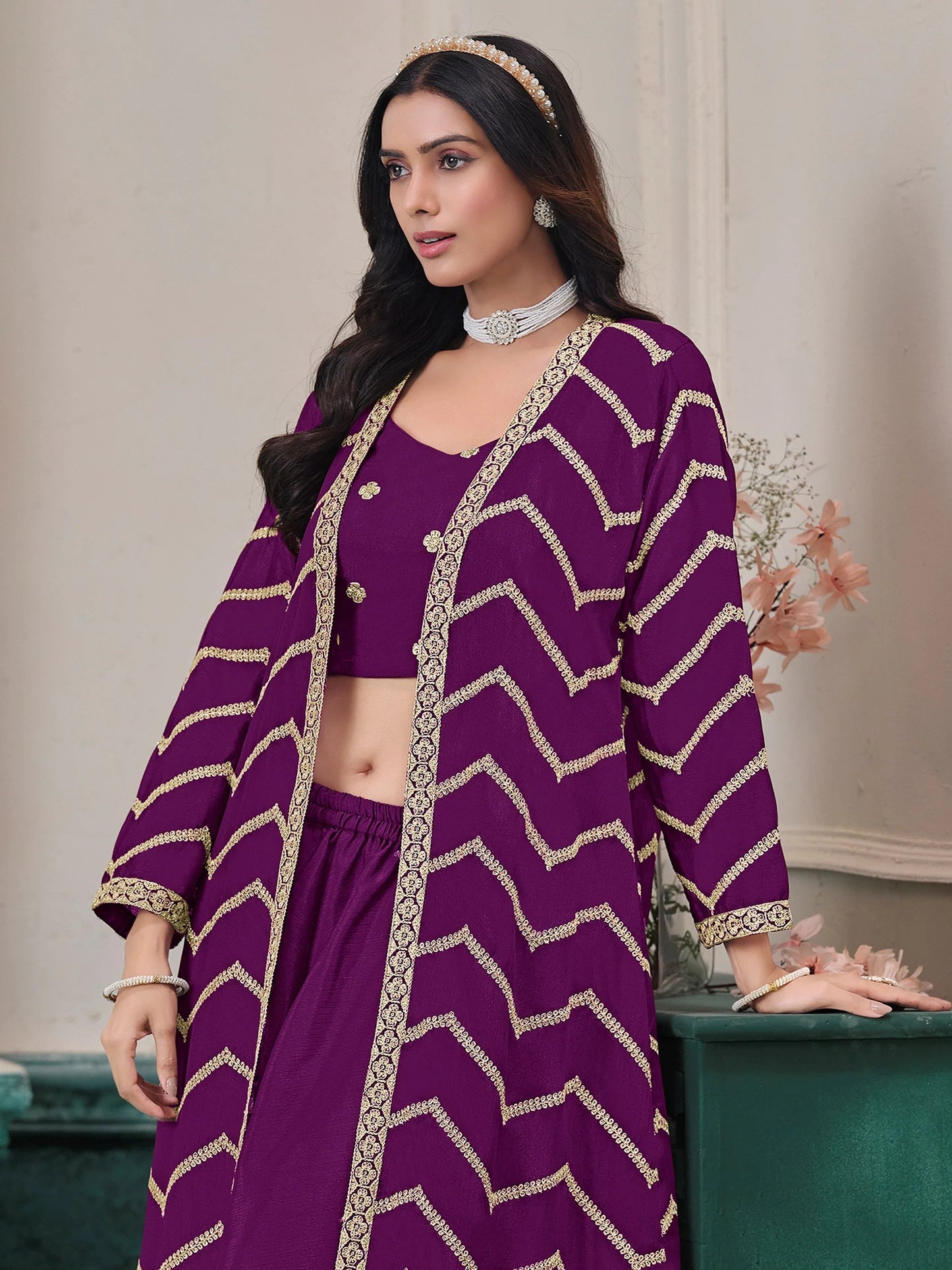Wonderful Purple Dori Work Chinon Function Wear Palazzo Suit With Shrug