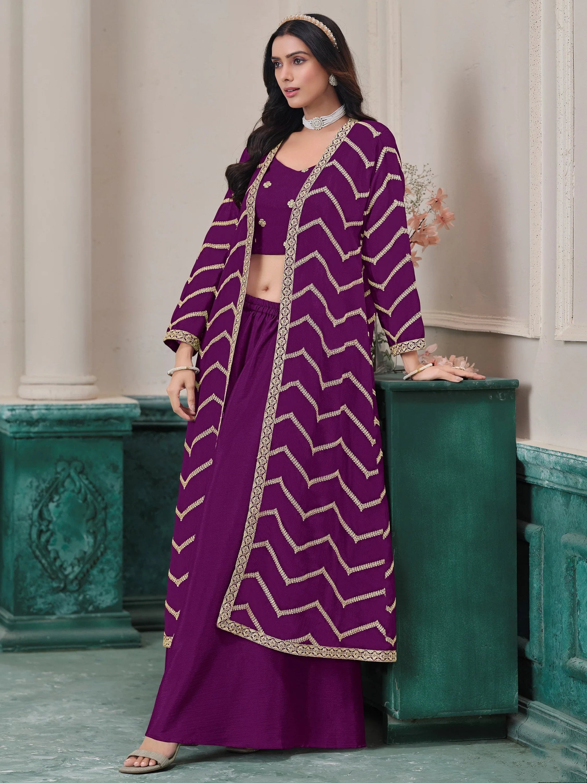 Wonderful Purple Dori Work Chinon Function Wear Palazzo Suit With Shrug