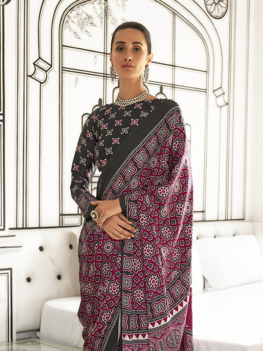 Multi Color Ajrakh Satin Crepe Saree With Blouse Piece