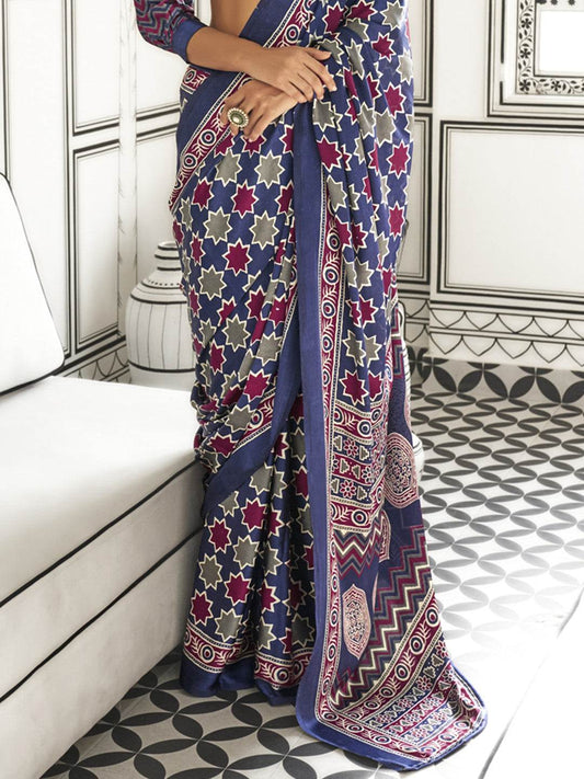 Multi Color Ajrakh Satin Crepe Saree With Blouse Piece