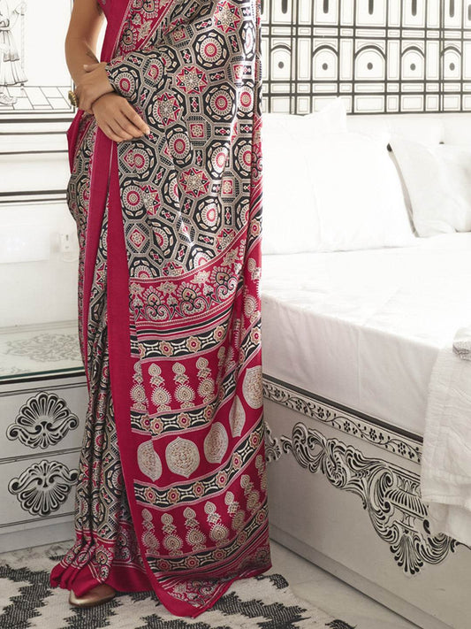 Multi Color Ajrakh Satin Crepe Saree With Blouse Piece