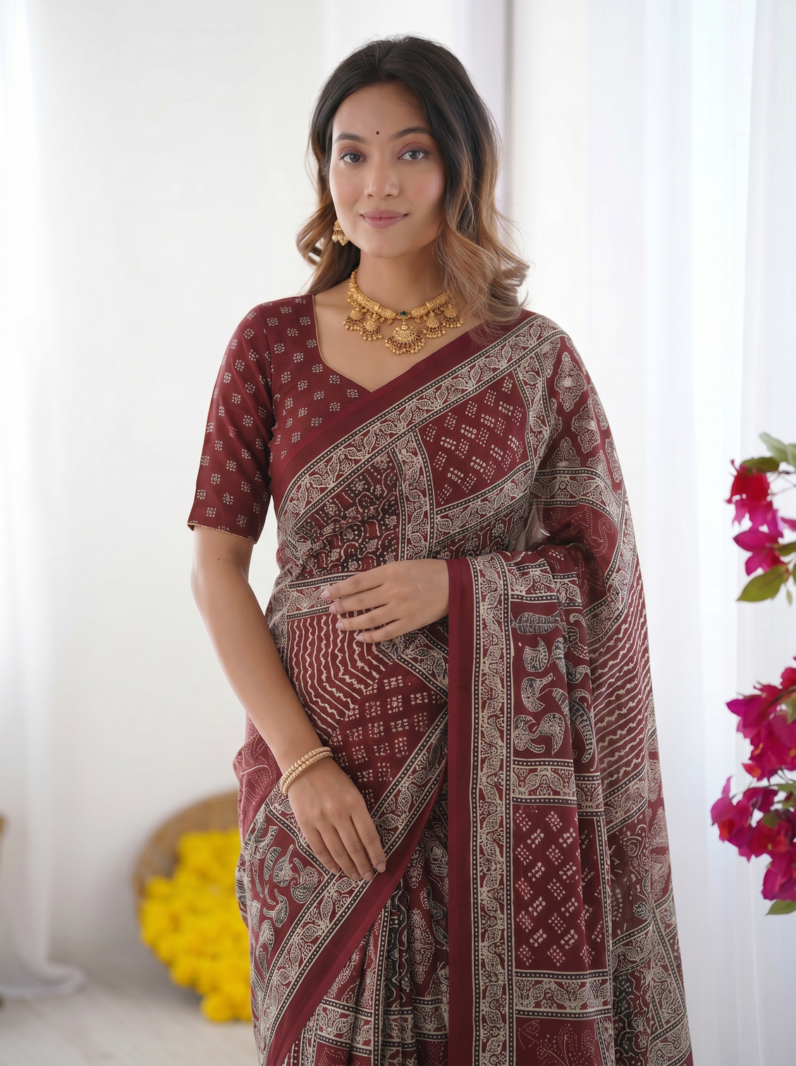 Maroon modal silk saree with tribal geometric print designer ethnic pallu saree for festive cultural wear