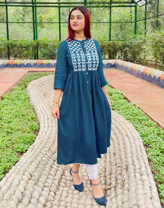 Teal Embroidered Kurti