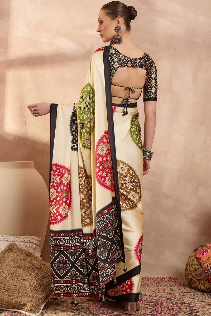 Ivory cream modal silk saree with patola inspired multicolor print black designer pallu festive traditional wear saree