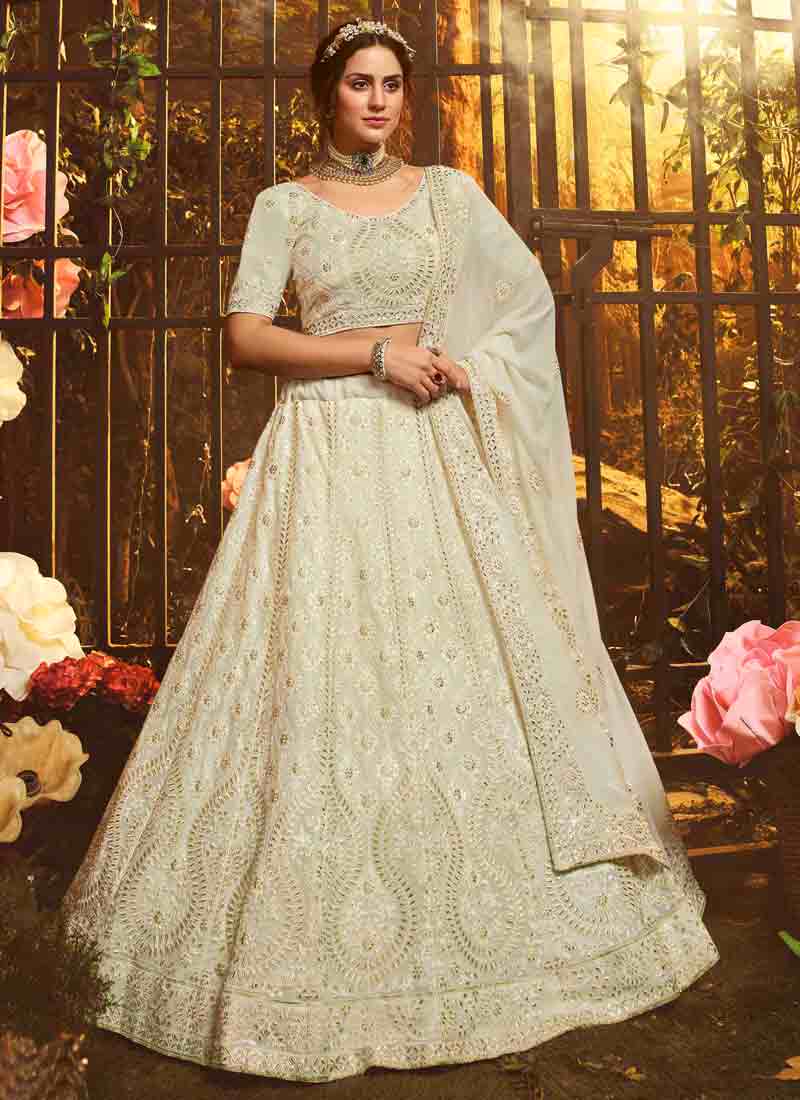 White Color Resham And Gota Work Base Flared Lehenga Choli