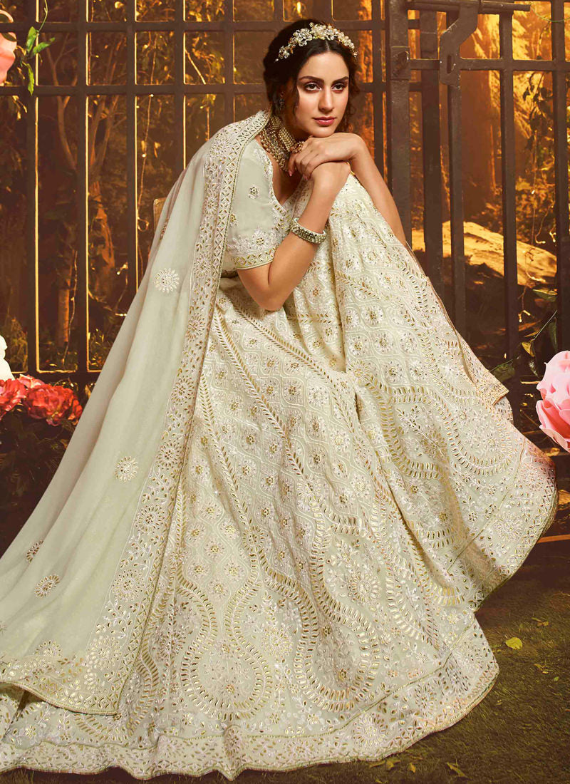 White Color Resham And Gota Work Base Flared Lehenga Choli