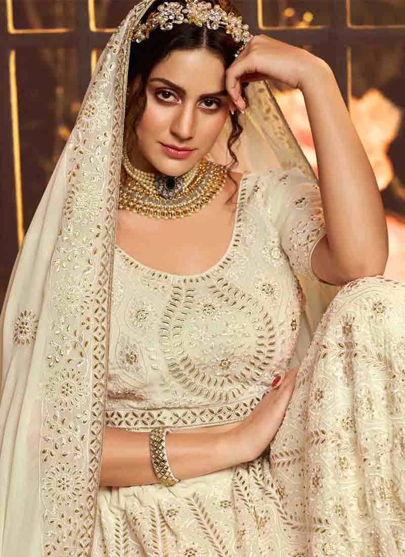 White Color Resham And Gota Work Base Flared Lehenga Choli