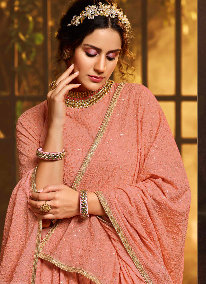 Peach Color Resham And Sequins Base Georgette Flared Lehenga Choli