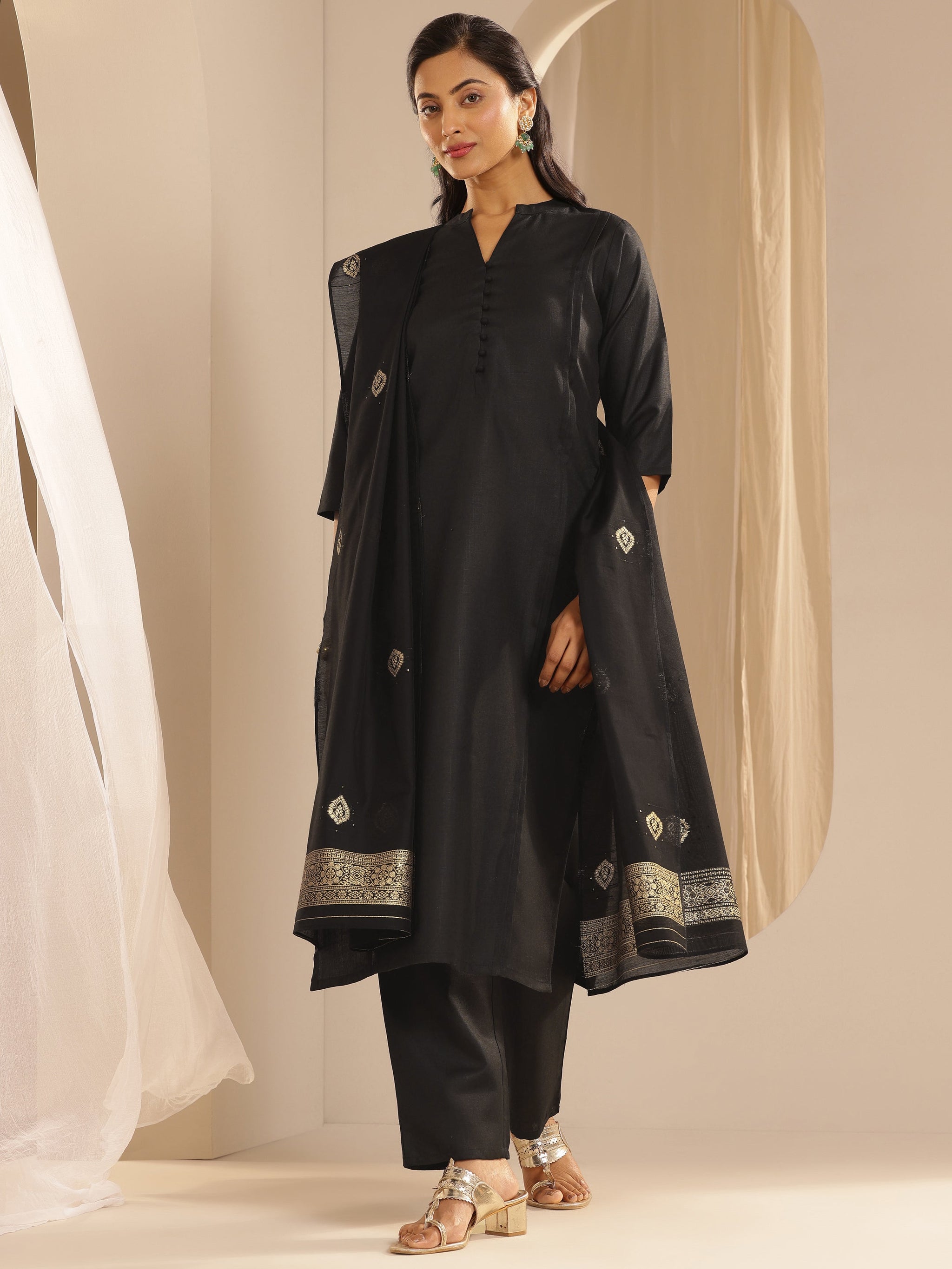 Gerua Black Solid Cotton Blend Straight Suit With Dupatta