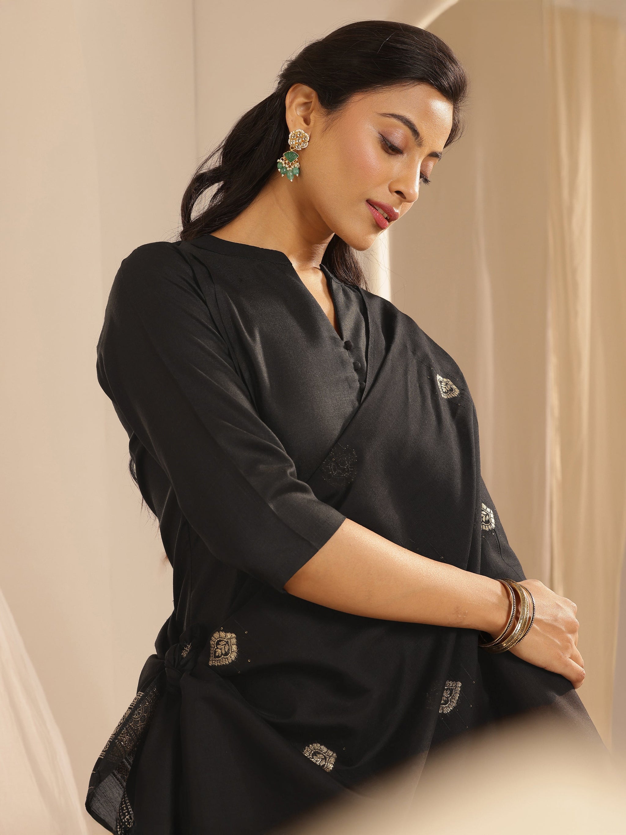 Gerua Black Solid Cotton Blend Straight Suit With Dupatta