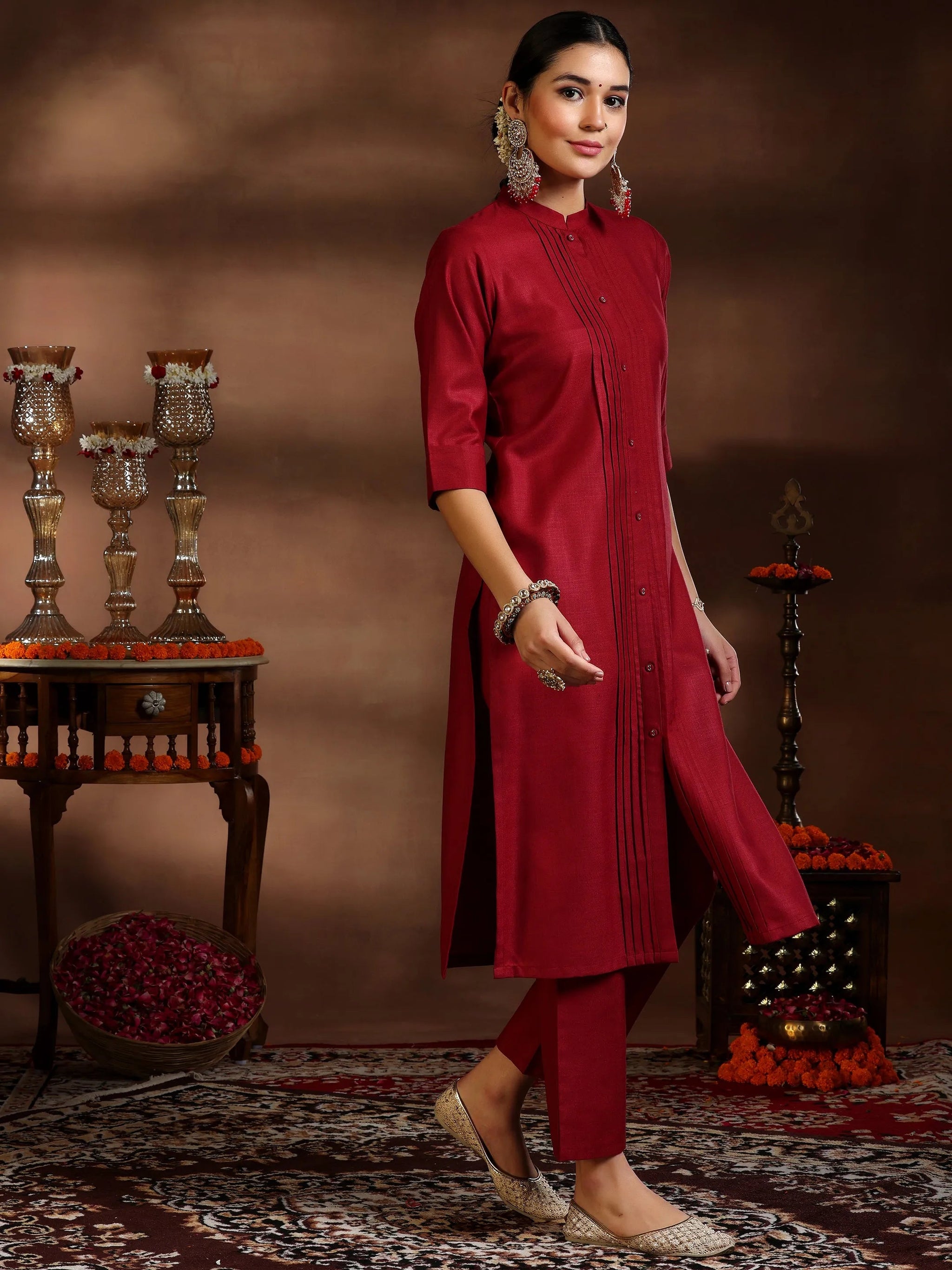 Gerua Maroon Solid Cotton Blend Straight Suit With Dupatta