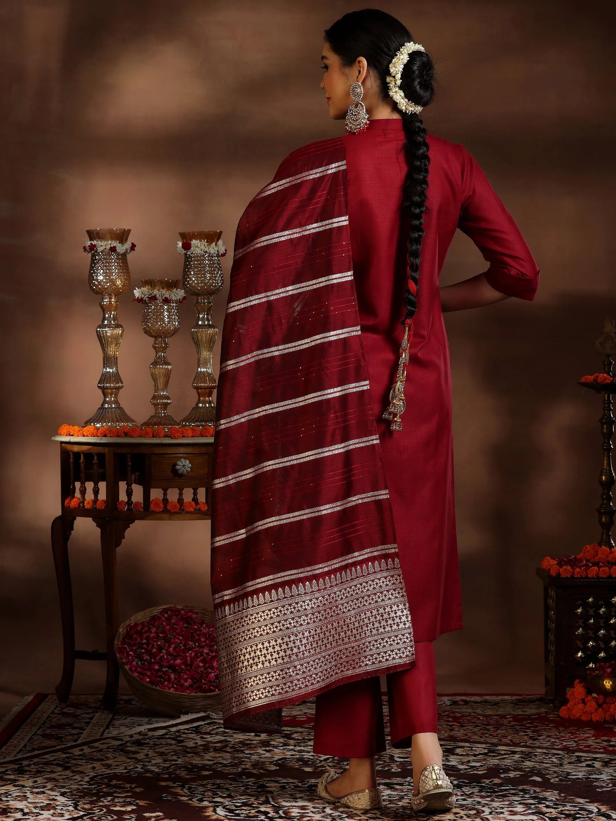 Gerua Maroon Solid Cotton Blend Straight Suit With Dupatta