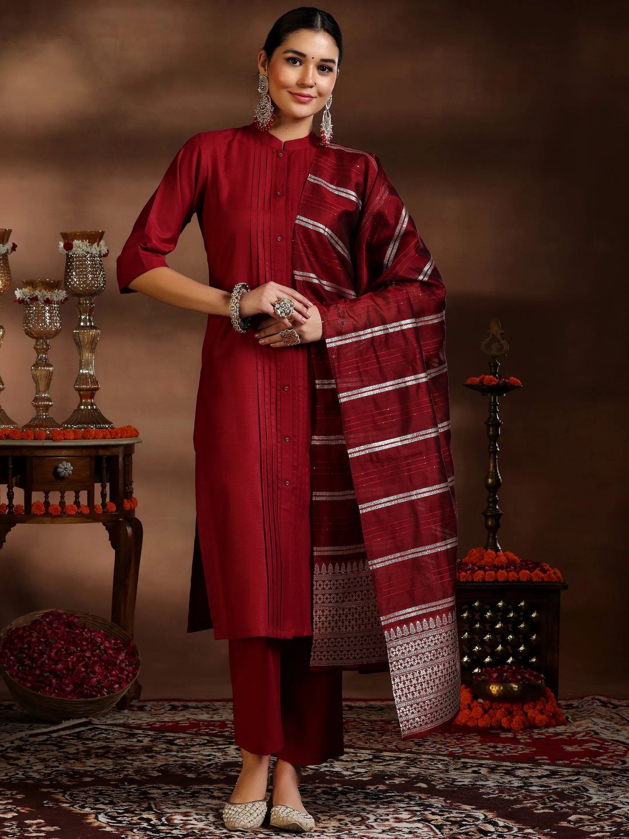 Gerua Maroon Solid Cotton Blend Straight Suit With Dupatta