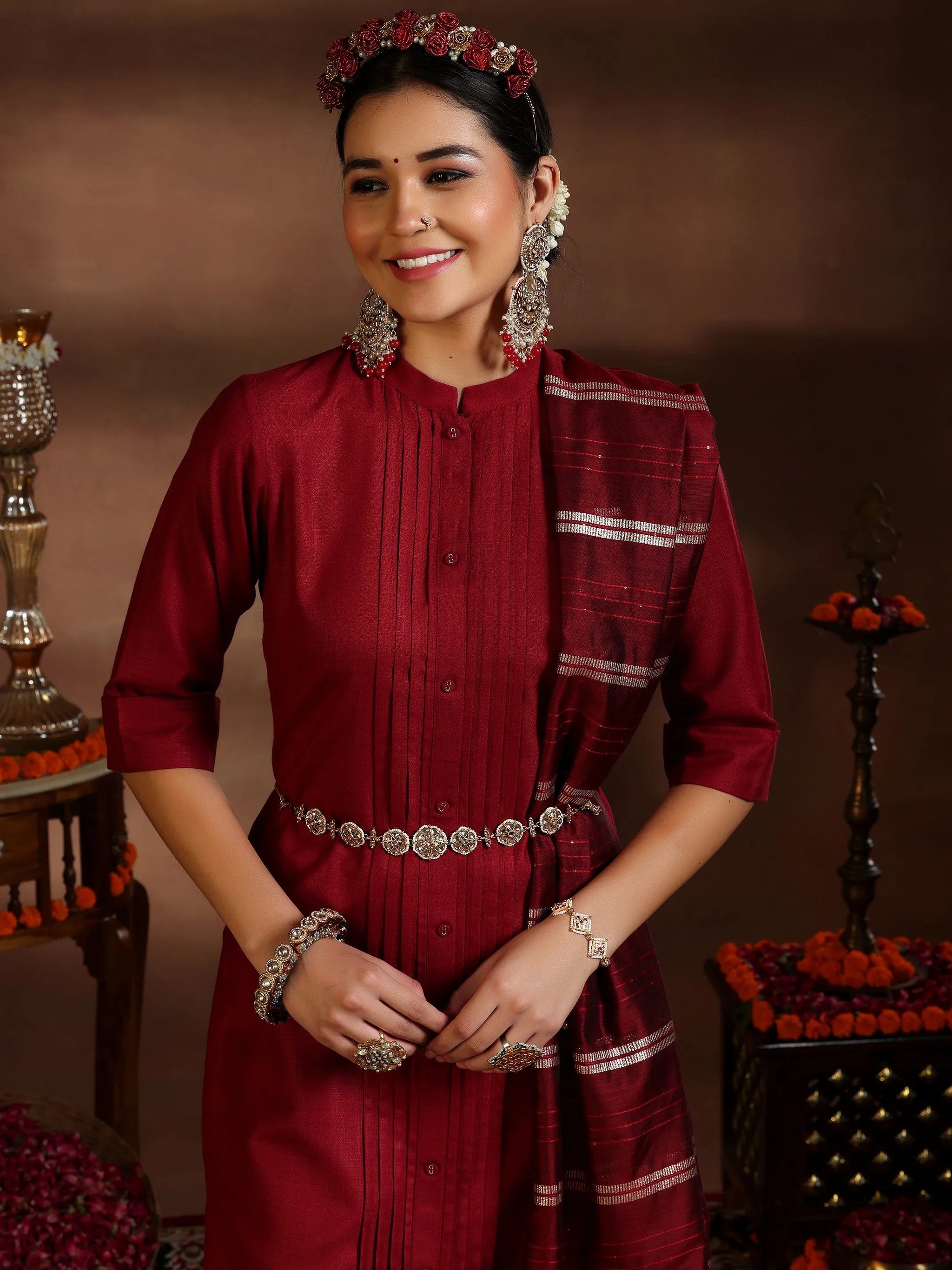 Gerua Maroon Solid Cotton Blend Straight Suit With Dupatta