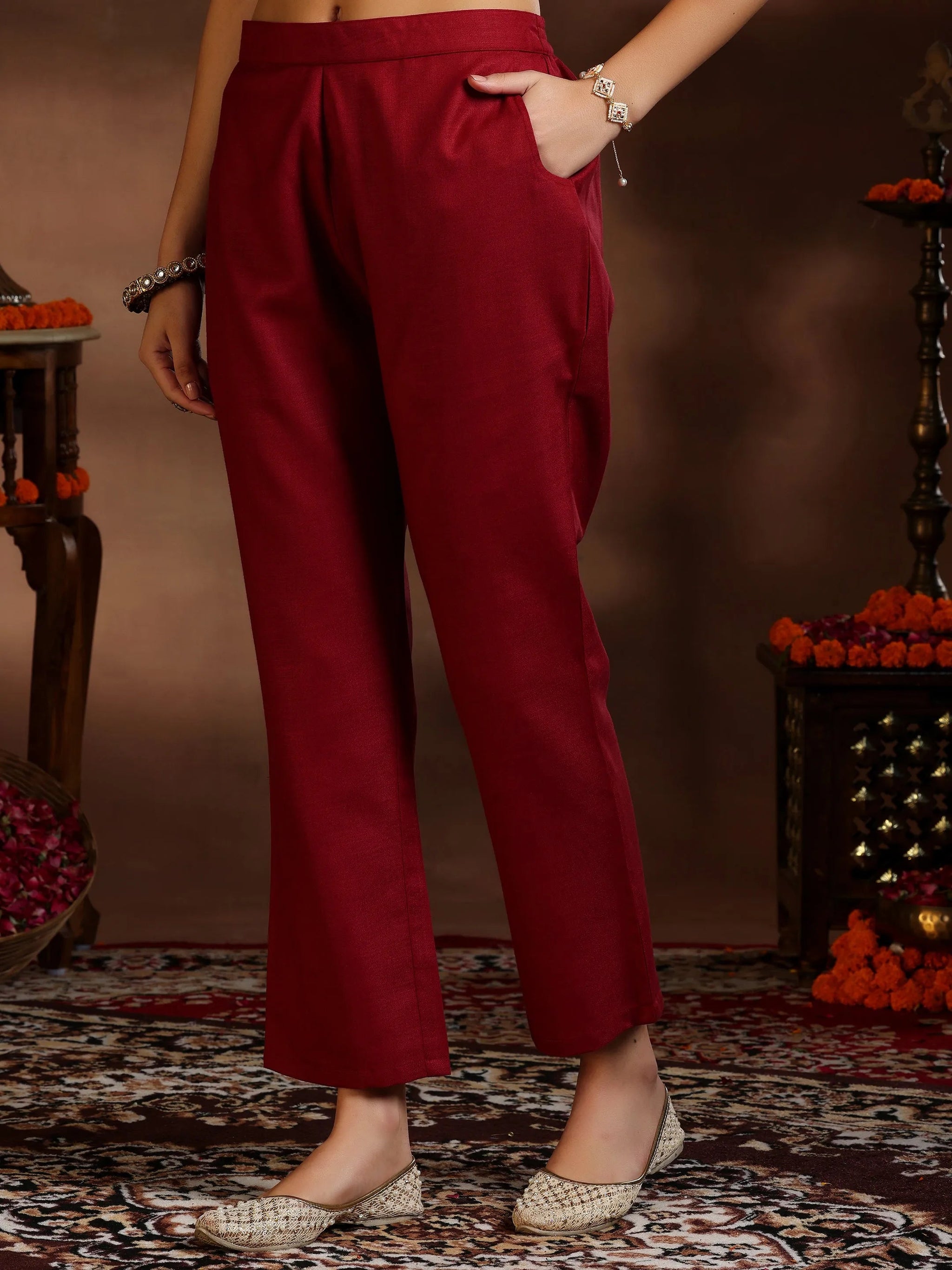 Gerua Maroon Solid Cotton Blend Straight Suit With Dupatta