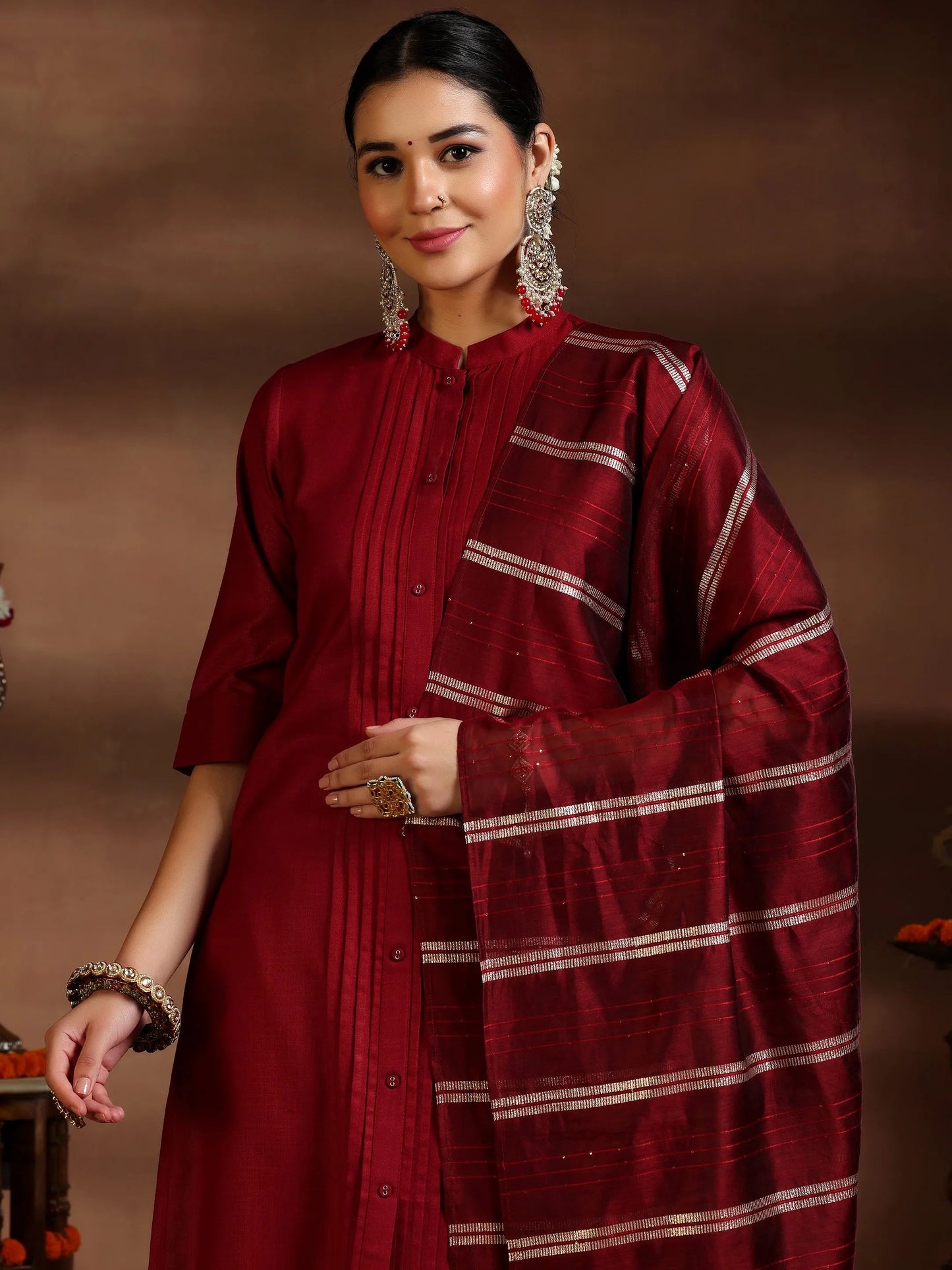 Gerua Maroon Solid Cotton Blend Straight Suit With Dupatta