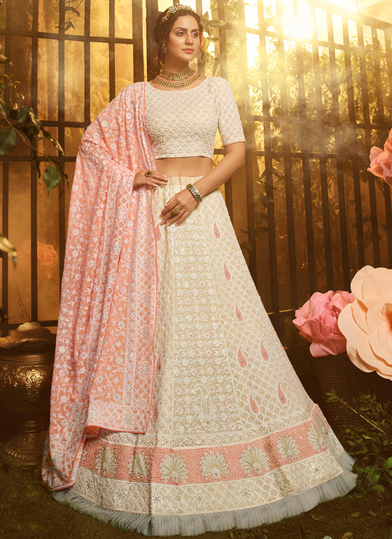 White Color Resham And Georgette Base Flared Lehenga Choli