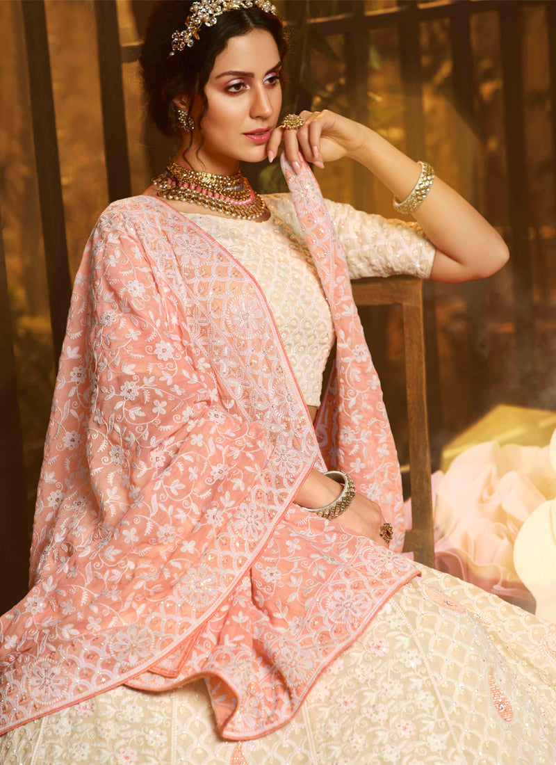 White Color Resham And Georgette Base Flared Lehenga Choli