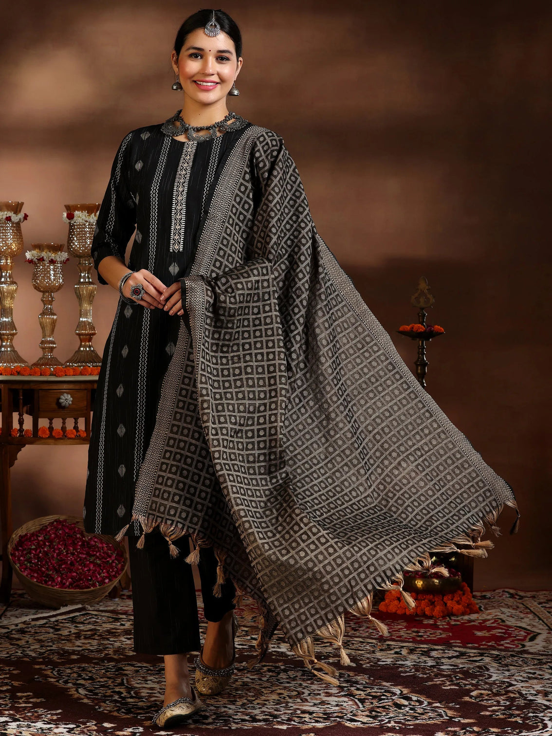 Mameraa Black Woven Design Straight Suit With Dupatta