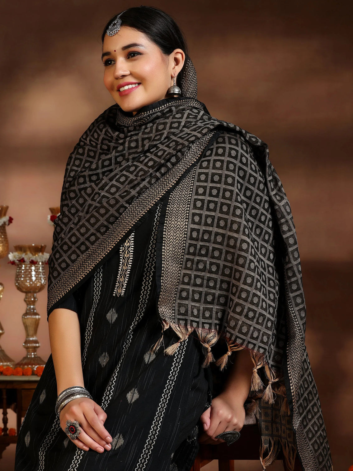 Mameraa Black Woven Design Straight Suit With Dupatta