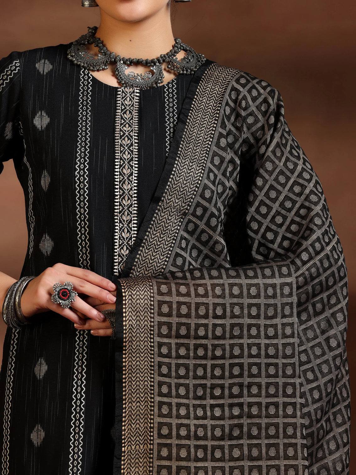 Mameraa Black Woven Design Straight Suit With Dupatta
