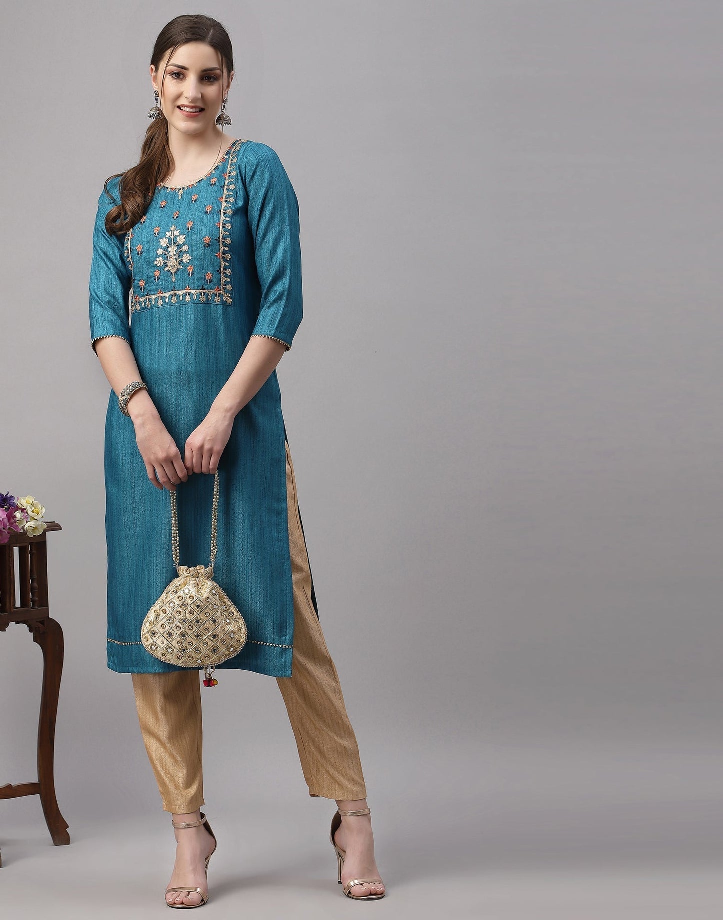 Teal Embroidered Kurti