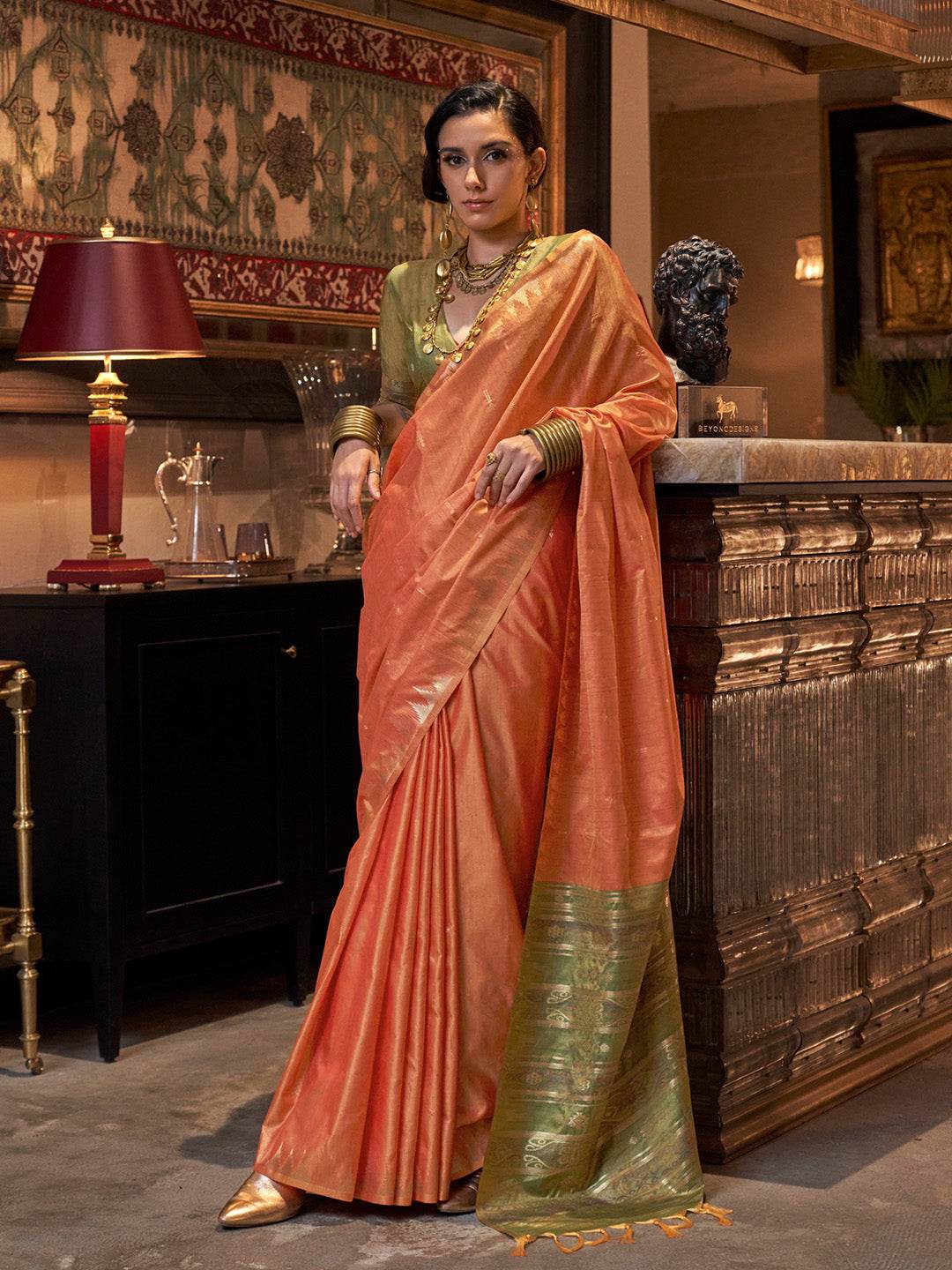 Orange Tussar Silk Blend Saree With Blouse Piece