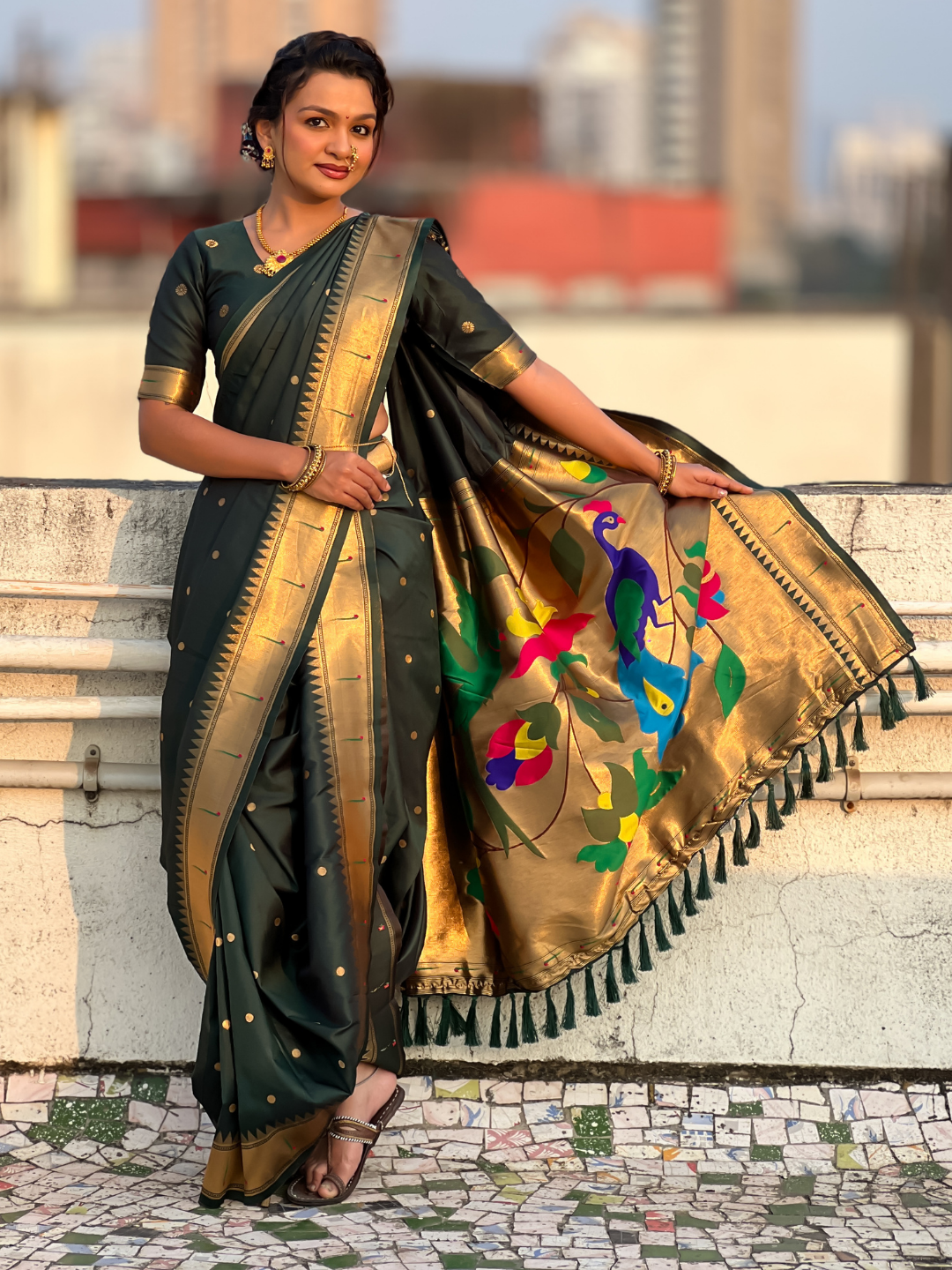 Bottle Green Wedding Special Nauvari Paithani Soft Silk Saree with Zari Woven Polka Motifs and Peacock Pallu