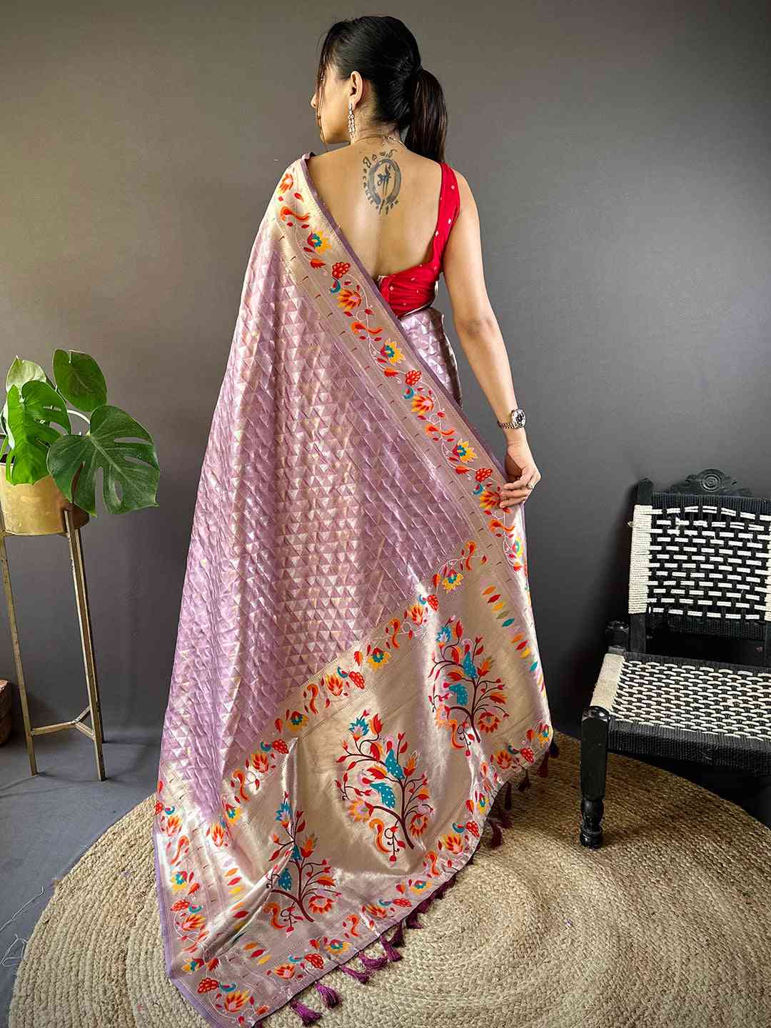 Light Wine Silk Blend Woven Zari Work Paithani Saree