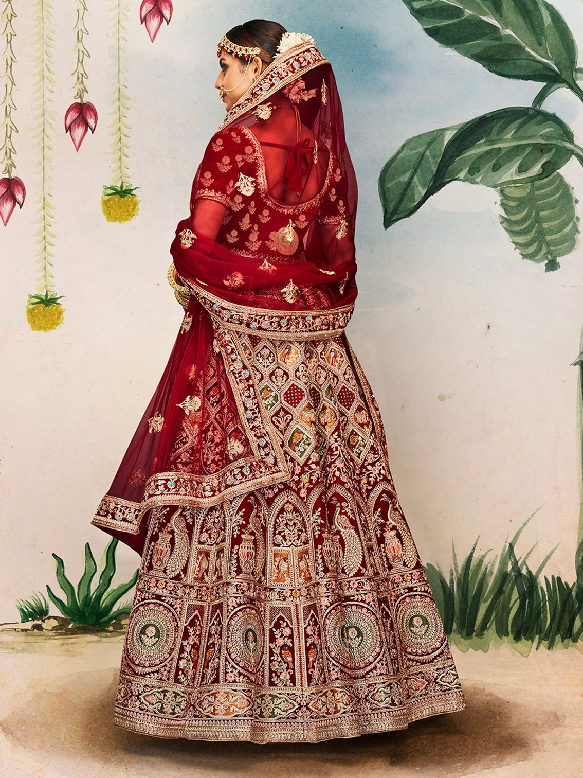 Maroon Embroidered Velvet Semi Stitched Lehenga With Unstitched Blouse