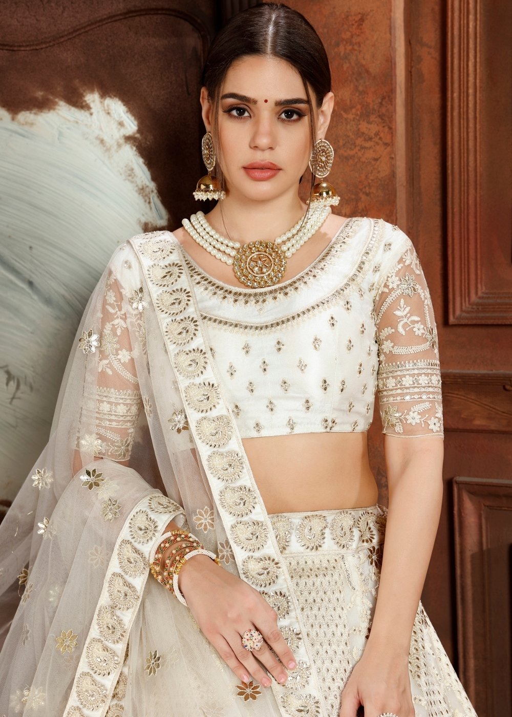 Daisy White Soft Net Lehenga Choli with Thread, Zari, Zarkan & Pearl work