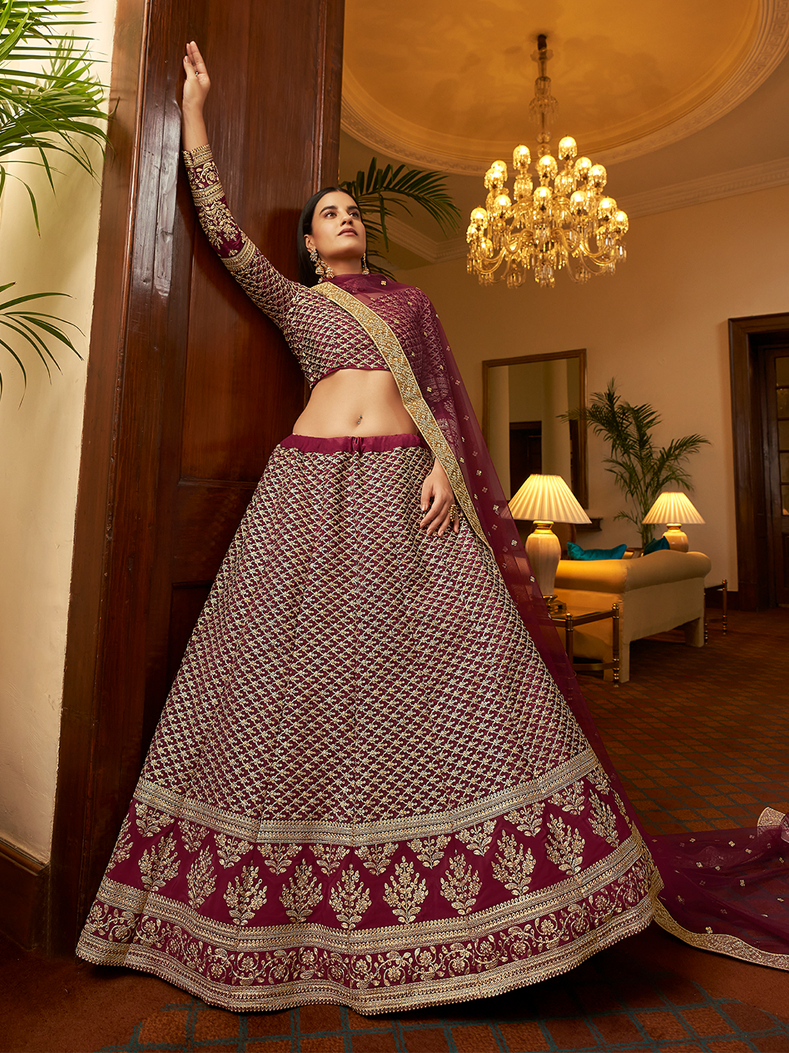 Violet Embroidered Semi Stitched Lehenga With Unstitched Blouse