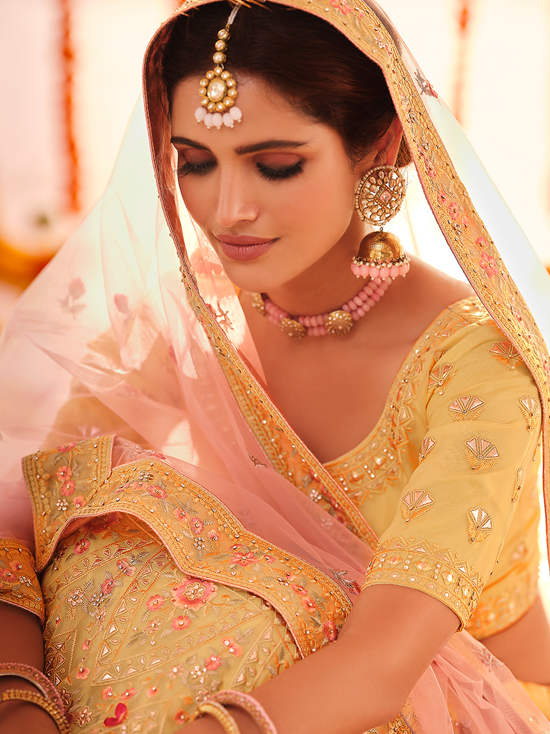 Yellow Embroidered Organza Semi Stitched Lehenga With Unstitched Blouse