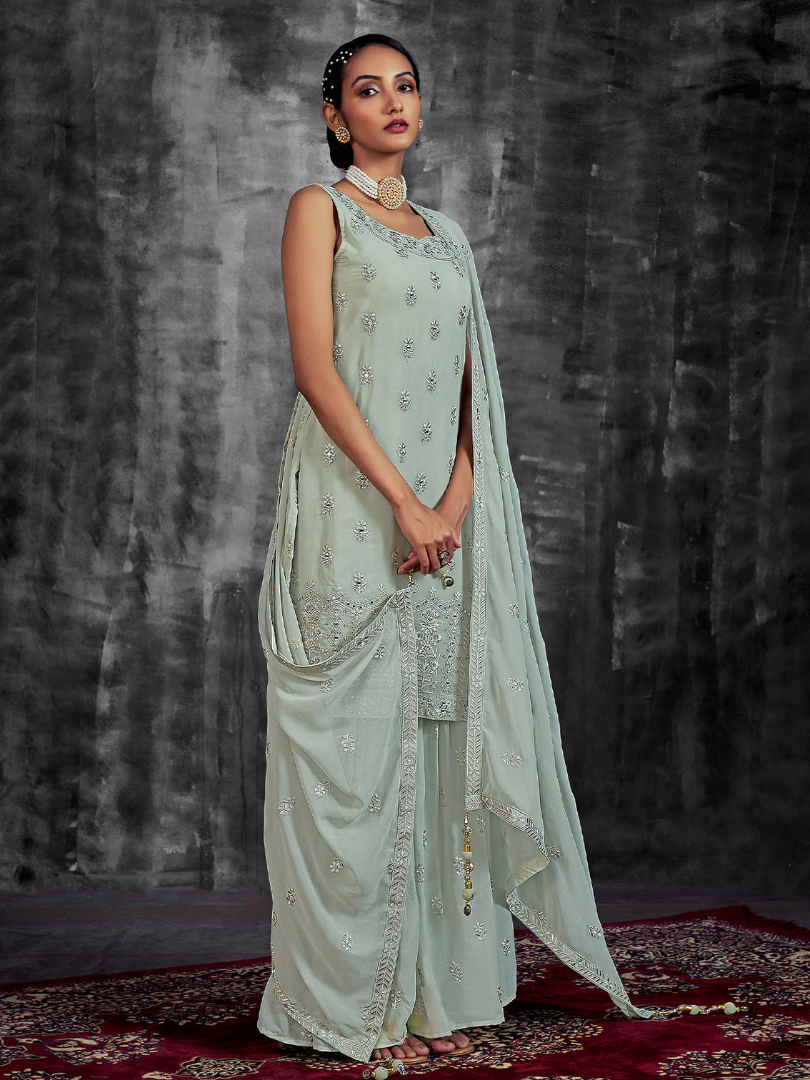 Classic Embroidered Green Georgette Stitched Kurta Set