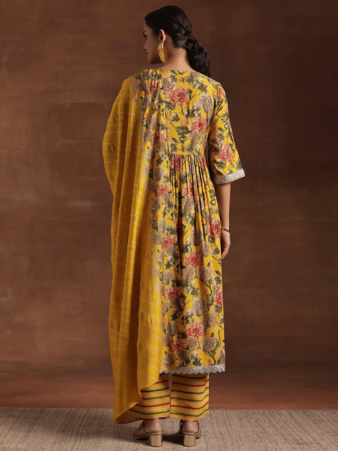 Mameraa Yellow Printed A-Line Kurta With Trousers & Dupatta