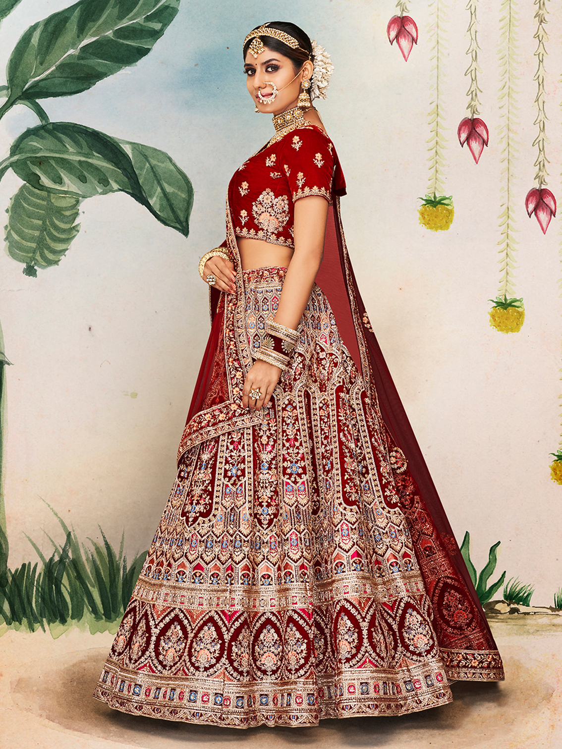 Maroon Velvet Semi Stitched Lehenga With Unstitched Blouse