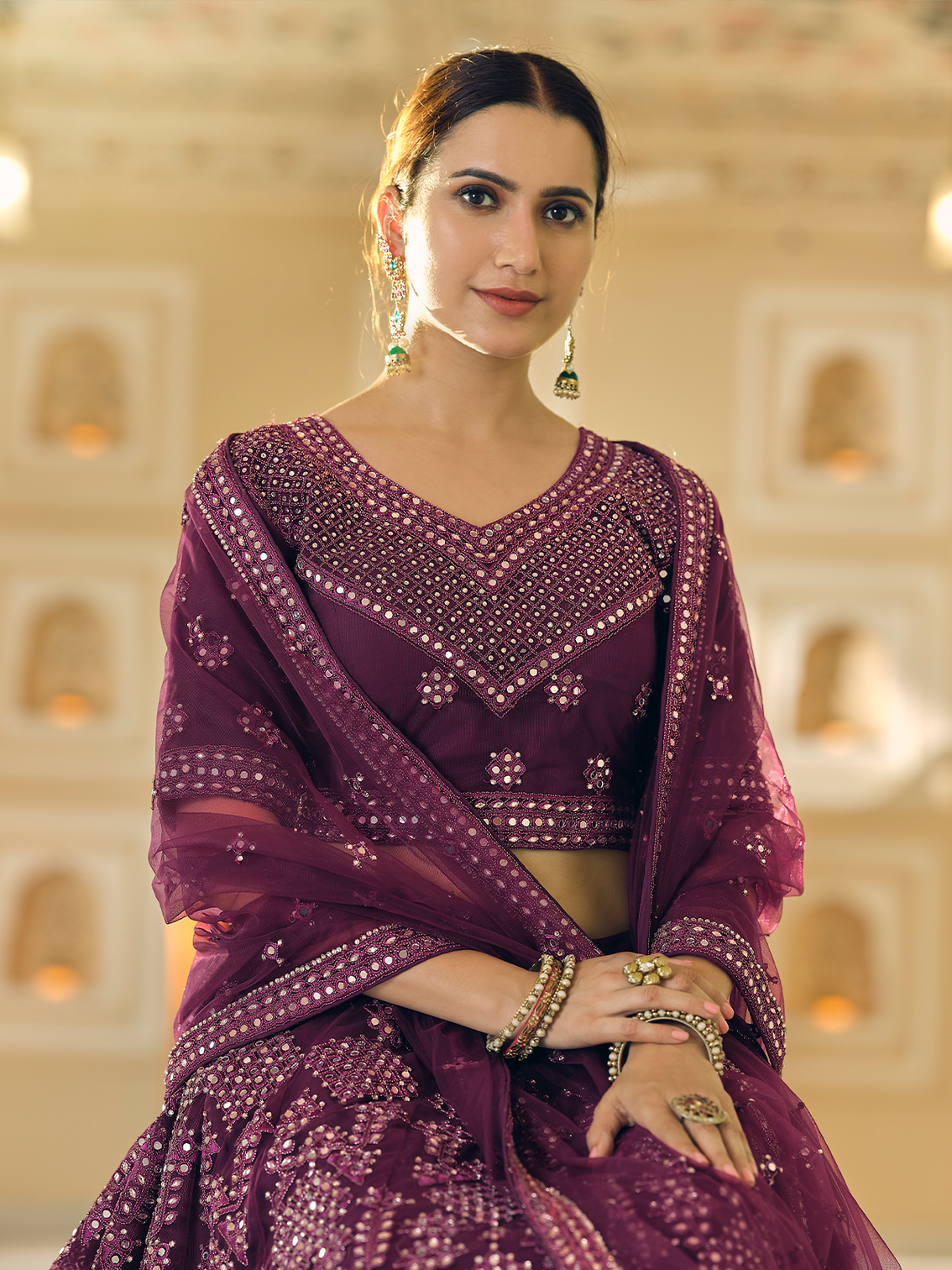 Purple Soft Net Semi Stitched Lehenga With Unstitched Blouse