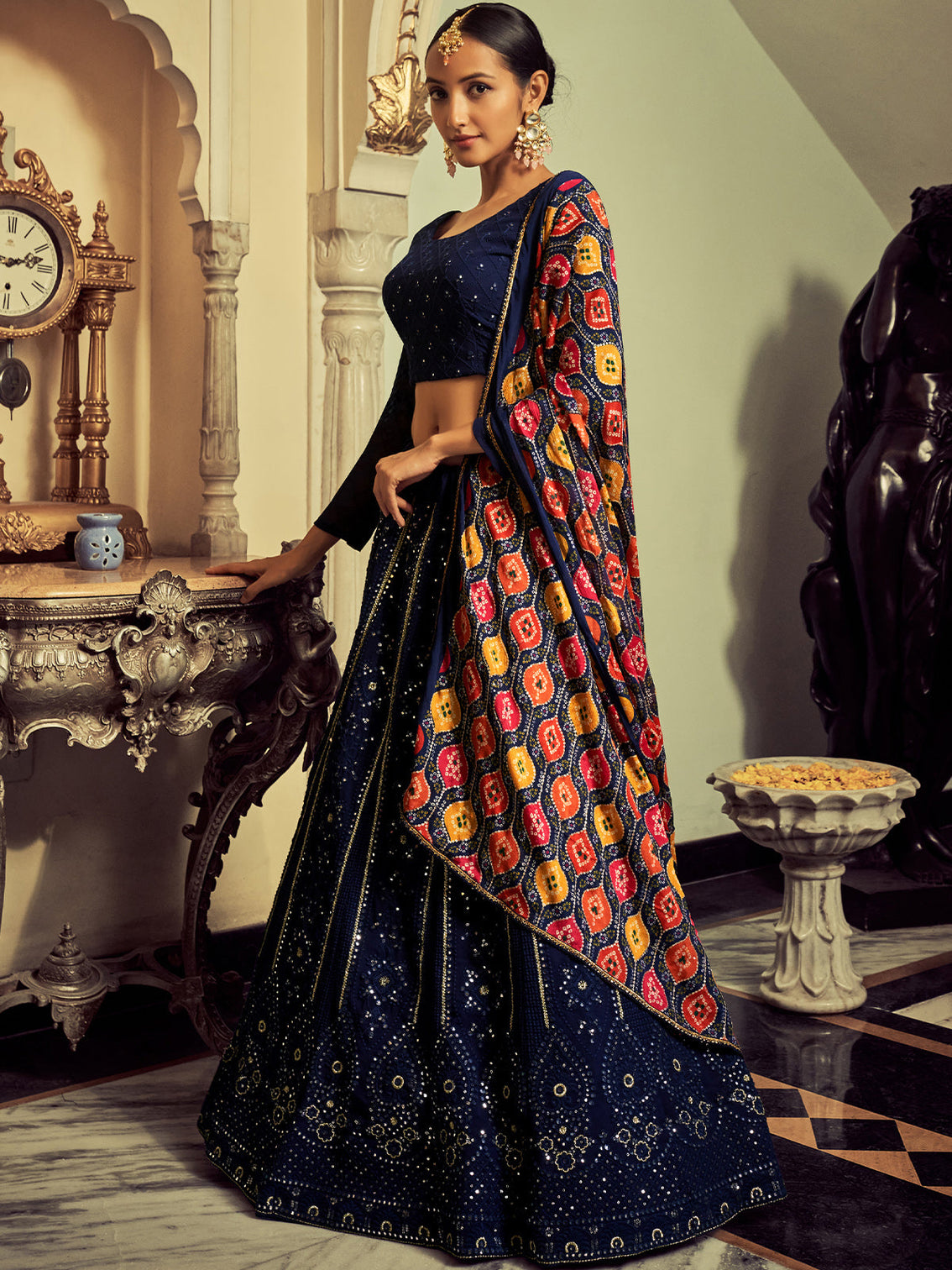Beautiful Navy Blue Color Georgette Semi Stitched Lehenga With Blouse Piece