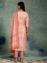 Libas Peach Printed Silk Blend Straight Suit With Dupatta