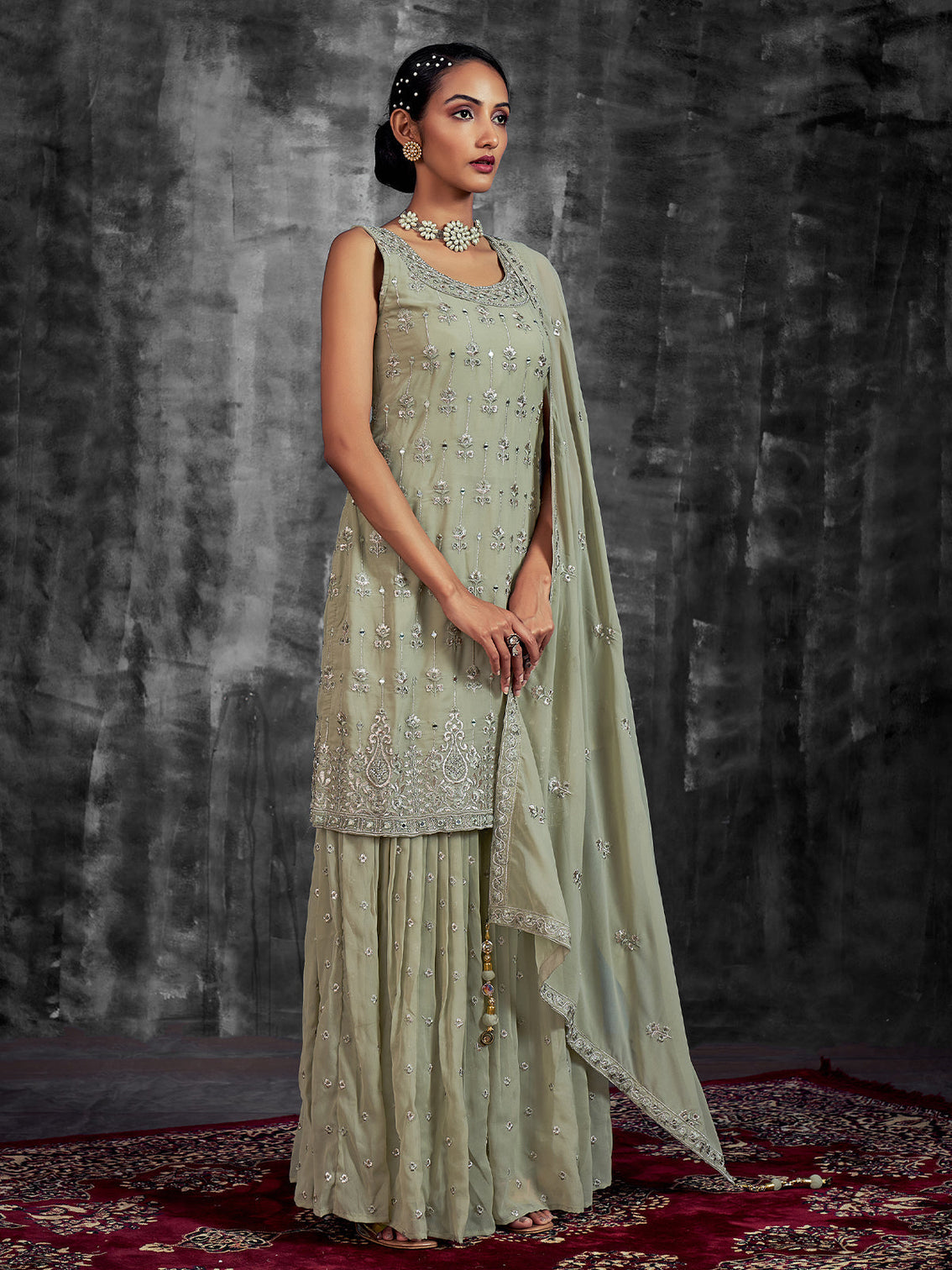 Green Embroidered Partywear Stitched Kurta Set