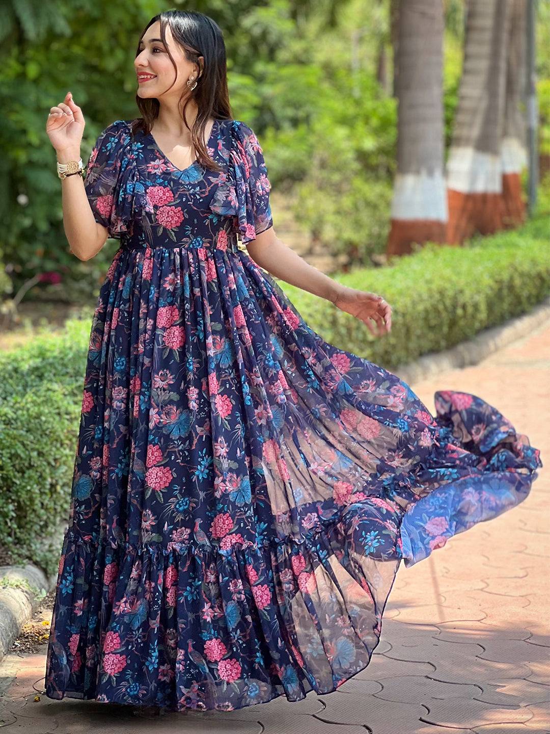Midnight Navy Floral V-Neck Dress