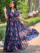 Midnight Navy Floral V-Neck Dress