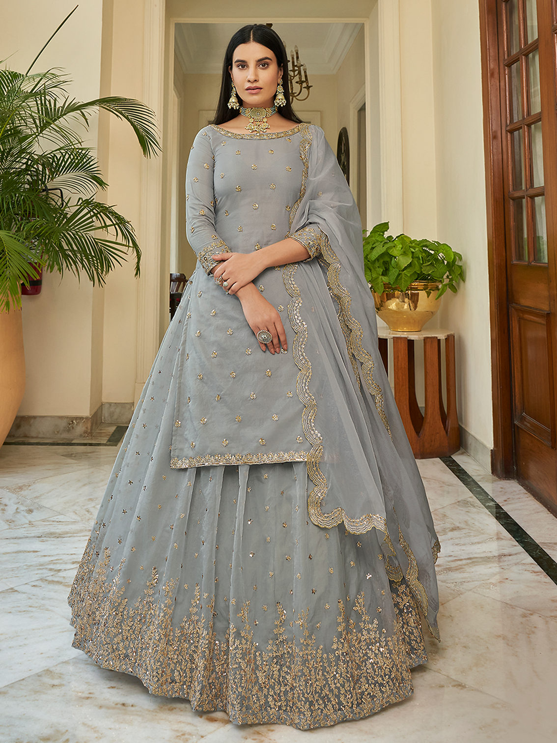 Grey Embroidered Semi Stitched Lehenga With Unstitched Blouse