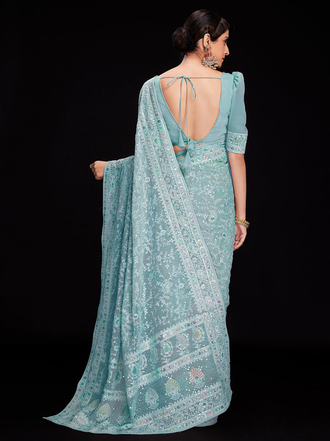 Blue Georgette Embroidered Saree With Unstitched Blouse