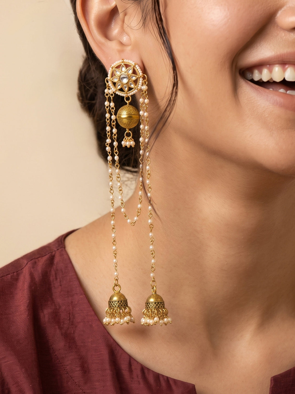 Mameraa Long Chain Kashmiri Jhumki Drops Earrings