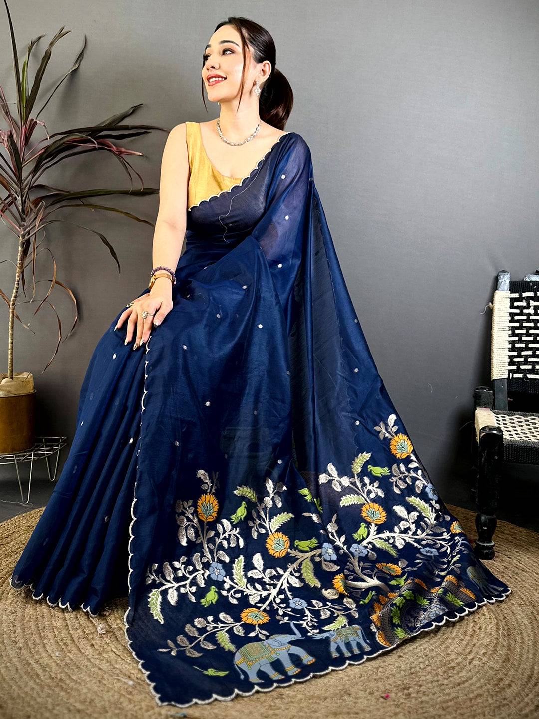 Classic Ethnic Mul Cotton Embroidery Saree